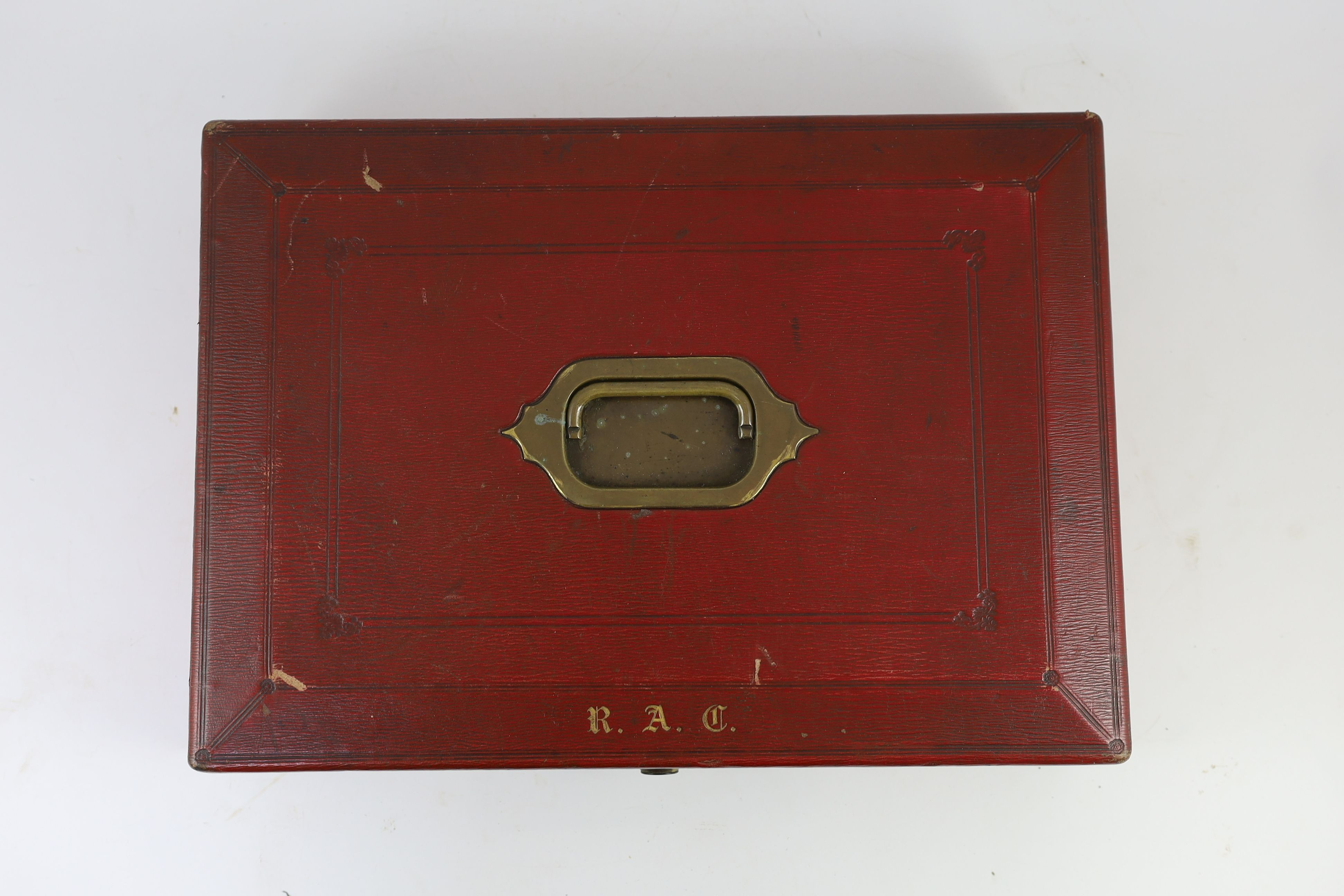 An early 20th century red morocco despatch box, formerly the property of Richard Assheton Cross, b.1882, width 42cm, depth 30cm, height 9.5cm